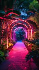 Neon frame tunnel  with exotic trees.Minimal creative advertise,nature and interior concept.