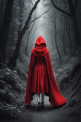 A mysterious person in a bright red cloak stands centered in a mist-shrouded, moody forest