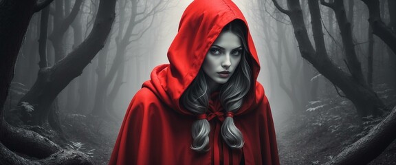 A mysterious and atmospheric portrayal of Red Riding Hood standing in a foggy, eerie forest setting
