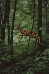 fawn leaping in the forest.Minimal creative nature and environment protection concept