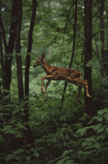 Fototapeta premium fawn leaping in the forest.Minimal creative nature and environment protection concept