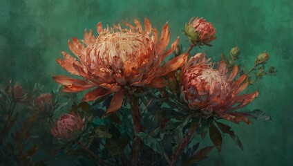Stunning digital artwork showcasing the vivid colors and intricate details of blooming proteas on an earthy green background - obrazy, fototapety, plakaty
