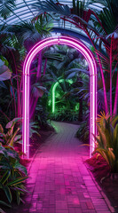 Fototapeta premium Neon frame tunnel with exotic trees.Minimal creative advertise,nature and interior concept.