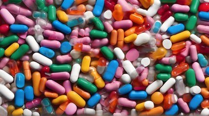A colorful pile of pharmaceutical drugs, capsules, and pills on a table, resembling a close-up painting of sweetness and medicine. generative.ai