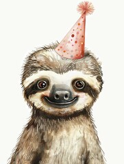 Fototapeta premium Celebratory Watercolor Sloth in Party Hat Whimsical for Joyful Occasions