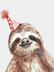 Fototapeta premium Cheerful Minimalist Watercolor Sloth with Festive Party Hat Vibrant Whimsical Animal Portrait for Holidays and Greetings