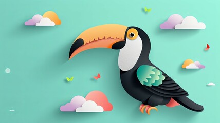 Naklejka premium Colorful Toucan in Pastel Skies A Whimsical Flat Design of a Tropical Bird on a Textured Mint Green Background description This captivating image