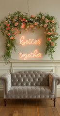 Photo shoot space, sofa and roses with text "Better together"..Minimal creative party and photo editorial concept.