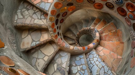 A whimsical clay spiral staircase built using a mix of traditional and modern ods highlighting the versatility and adaptability of clay as a building material.. - obrazy, fototapety, plakaty