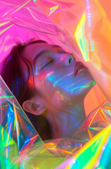 A woman posing  in neon light, wrapped and covered with a plastic sheet.Minimal creative fashion and party concept.