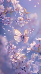 White butterfly flying on white cherry blossoms, soft pastel purple background,