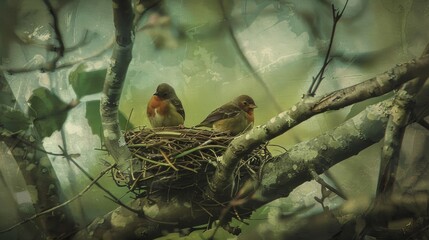 A family of birds chirping and playing in a nest nestled in the branches of a tree..