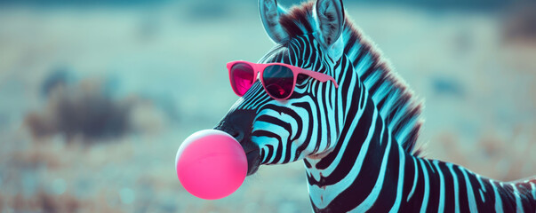 Fototapeta premium Zebra with pink sunglasses and a matching balloon