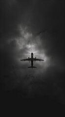 Naklejka premium Black and white minimalism photograph airplane in the sky from an ant's perspective.Minimal creative transport concept.