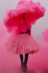 Woman in pink outfit with umbrella and pink smoke.Minimal creative fashion and environment concept.