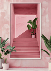 Pink stairs to the beach.Minimal creative summer vacation concept.Advertisement for travel agencies for the upcoming summer season.Trendy social mockup or wallpaper with copy space.