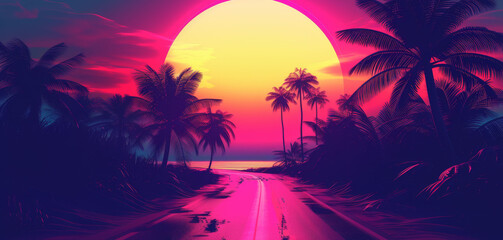 Obraz premium Vibrant sunset over a tropical beach with silhouetted palm trees