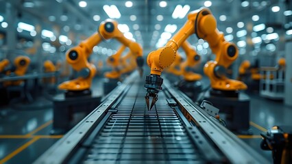 Utilizing Automated Robotic Arms in Modern Factories for Enhanced Production Efficiency. Concept Smart Manufacturing, Robotics in Production, Factory Automation, Enhanced Productivity