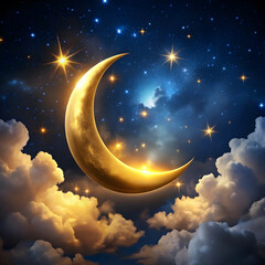 Obraz na płótnie Canvas golden crescent moon with stars and clouds on dark
