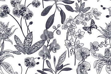 Beautiful orchids garden. Seamless floral Vintage pattern. Black and white. Vector