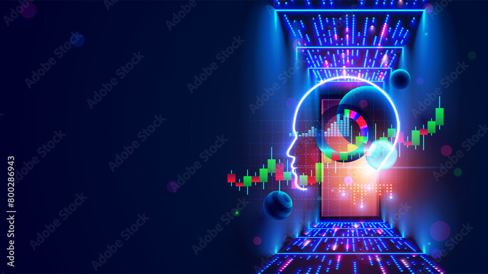 Poster AI of analysis data stock exchange market. Abstract AI face hanging in cyberspace in data centers, stock exchange market graphs. Artificial intelligence trading assistant chat bot concept. AI fintech.