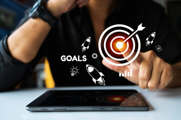 Businessman holding icons about business and investment, Rocketing take off with a targeted launch speed, Strategy for Success & Growth Acceleration concept