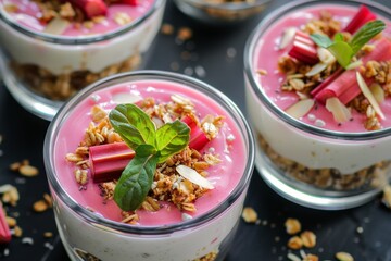Rhubarb yogurt dessert with oatmeal almond granola Selective focus on granola