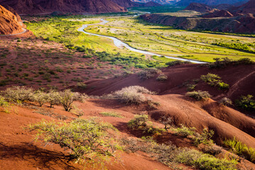 A river and green valley in a red desert landscape