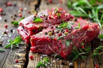 Rib eye steak with pepper and herbs on wood in a butcher shop