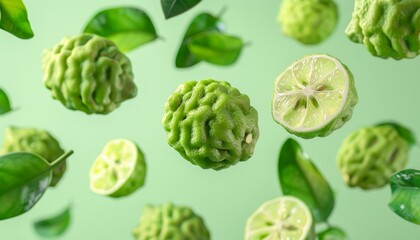 Obraz premium Ripe bergamot fruits falling on green backdrop