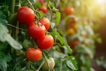 Ripe cherry tomatoes on plants in greenhouse Fresh red tomatoes in organic garden