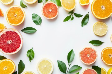 Ripe citrus fruits with leaves on white background