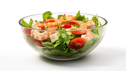 Summer salad with salmon and prawns in isolation against a stark white background