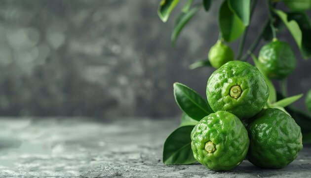 Ripe bergamot fruits on gray table close up Room for text