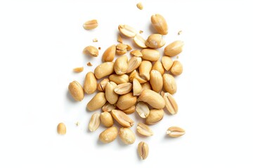 Roasted salted peanuts on a white background viewed from above