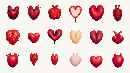 A collection of various heart shapes set apart on a blank white background