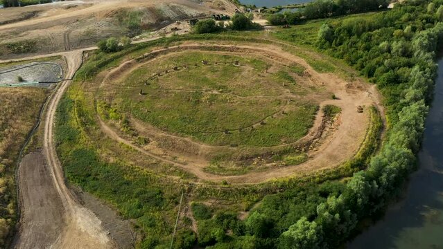 The Devils Quoits major late Neolithic henge stone circle prehistoric site. Stanton Harcourt, Oxfordshire. 4000 to 5000 years old. Restored. Fly in