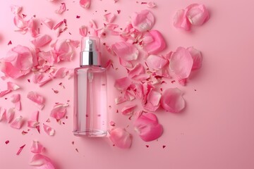 Obraz na płótnie Canvas Room spray with peony petals in glass bottle with silver sprayer on pink background