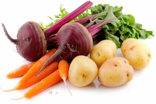 Root vegetables on white background beets carrots potatoes