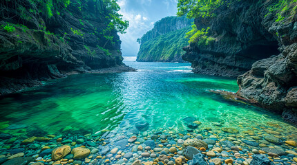 A tranquil bay nestled between rugged cliffs, with crystal-clear waters inviting peaceful...