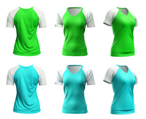 2 Set of woman turquoise blue green Raglan tee t shirt colour block with white sleeve V neck front, back and side view on transparent background cutout, PNG file. Mockup template for artwork design