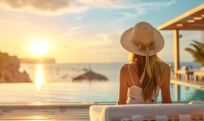 Elegant woman relaxing on outdoor deck of hotel looking at view of beach and sea. luxury travel on summer vacation.