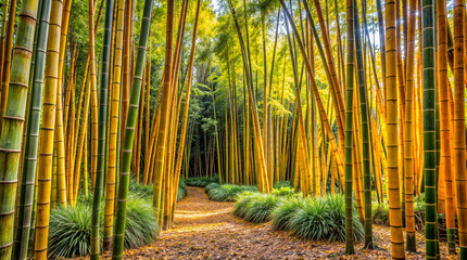A tranquil bamboo forest, the golden light accentuating the towering green columns and the gentle...