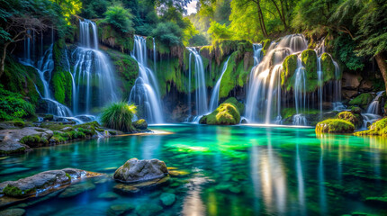 Multiple waterfalls cascade down moss-covered rocks, creating a series of turquoise pools in a jungle. Ideal for eco-tourism, meditation, environmental projects, or as spa and resort ad material.
