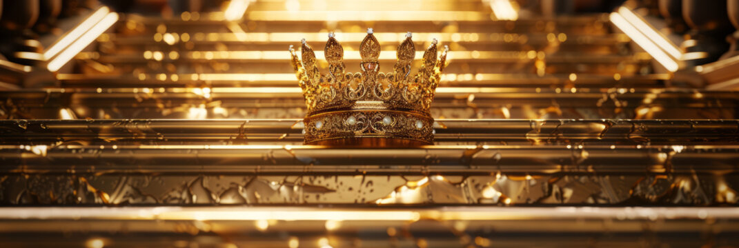 A symbol of power and royalty, this image features a crown on a highly reflective surface in golden light