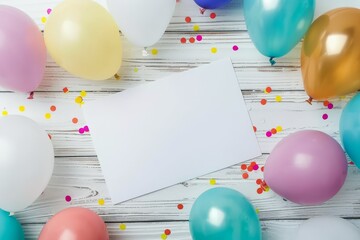 Blank white card surrounded by colorful balloons and confetti on a wooden background