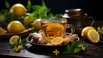 A cozy, inviting image of steaming ginger lemon tea in a transparent glass cup, surrounded by fresh lemons, ginger root, and green leaves - Powered by Adobe