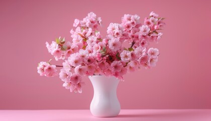 Minimalist white vase with elegant pink cherry blossoms on soft pastel background for text placement