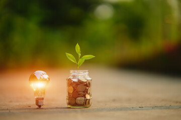 Saving money by hand puting coins in jug glass on nature background