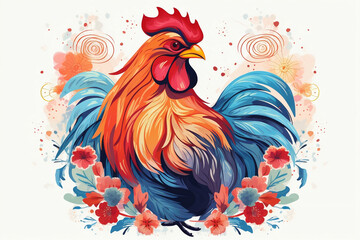 Colorful rooster with red, blue, and orange hues on white background with swirls and flowers.